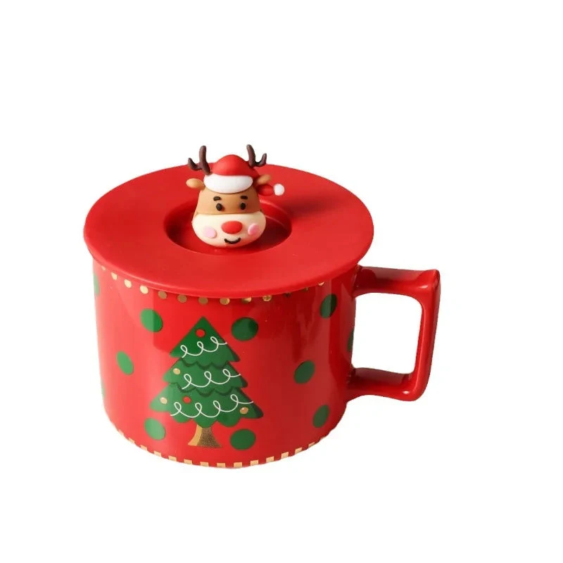 Christmas Ceramic Mug Set with 3D Lid – 300ml Festive Mug with Silicone Lid - RED - Image 3