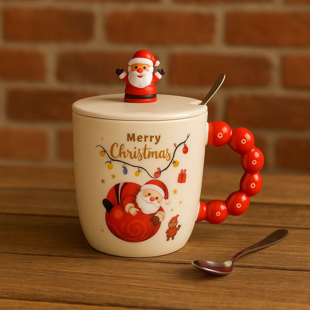 Christmas Ceramic Mug with Lid & Spoon | 350 ML Santa Mug with Red Handle | Merry Christmas Gift Cup for Coffee - Image 10