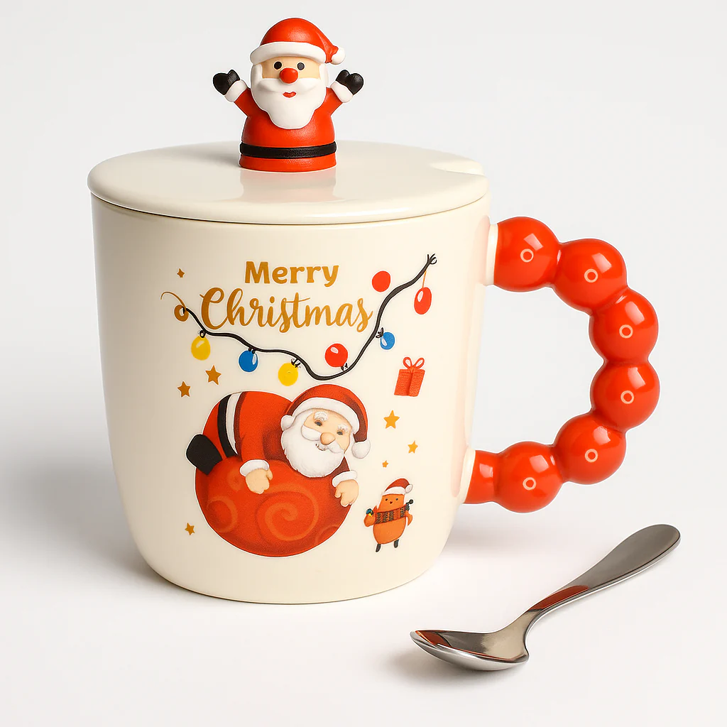 Christmas Ceramic Mug with Lid & Spoon | 350 ML Santa Mug with Red Handle | Merry Christmas Gift Cup for Coffee - Image 11