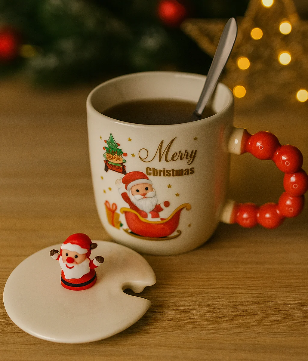 Christmas Ceramic Mug with Lid & Spoon | 350 ML Santa Mug with Red Handle | Merry Christmas Gift Cup for Coffee - Image 12