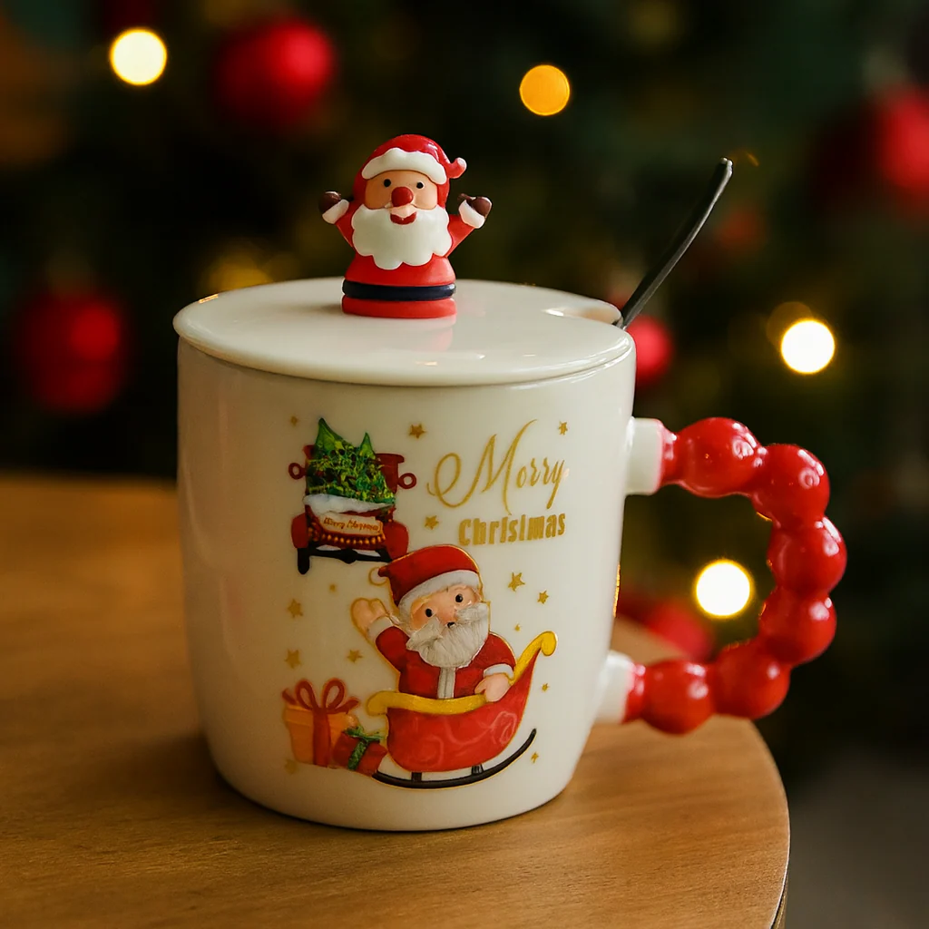 Christmas Ceramic Mug with Lid & Spoon | 350 ML Santa Mug with Red Handle | Merry Christmas Gift Cup for Coffee - Image 13