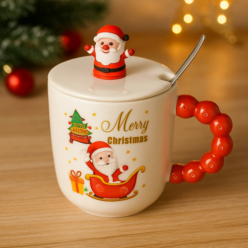 Christmas Ceramic Mug with Lid & Spoon | 350 ML Santa Mug with Red Handle | Merry Christmas Gift Cup for Coffee - Image 14