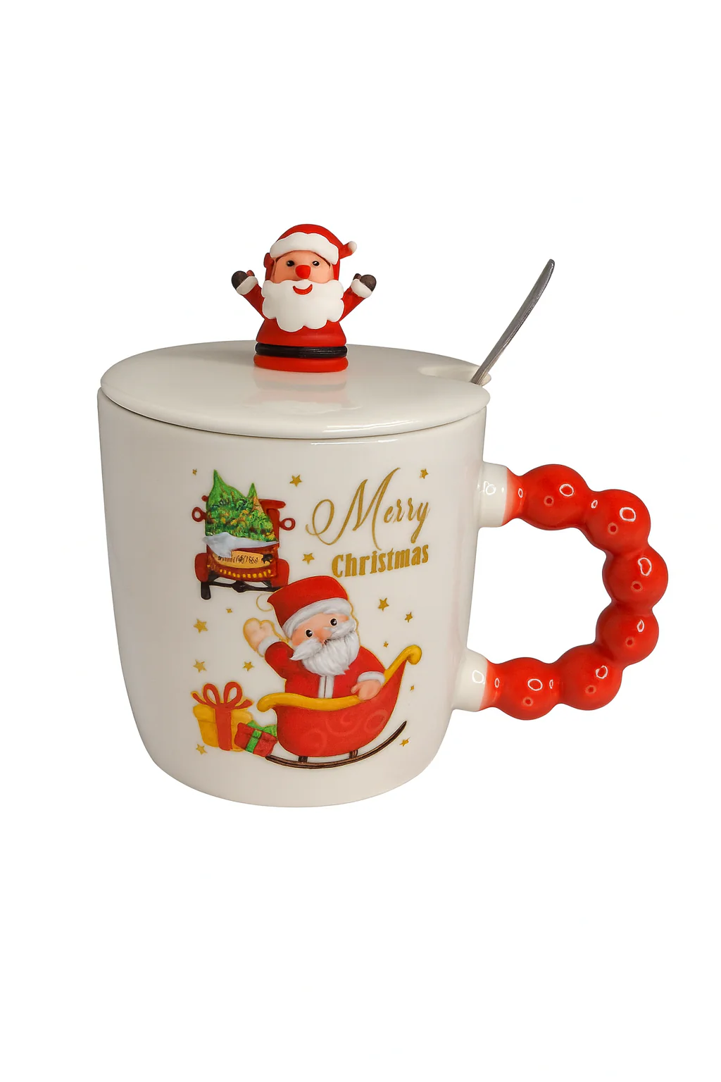 Christmas Ceramic Mug with Lid & Spoon | 350 ML Santa Mug with Red Handle | Merry Christmas Gift Cup for Coffee - Image 15