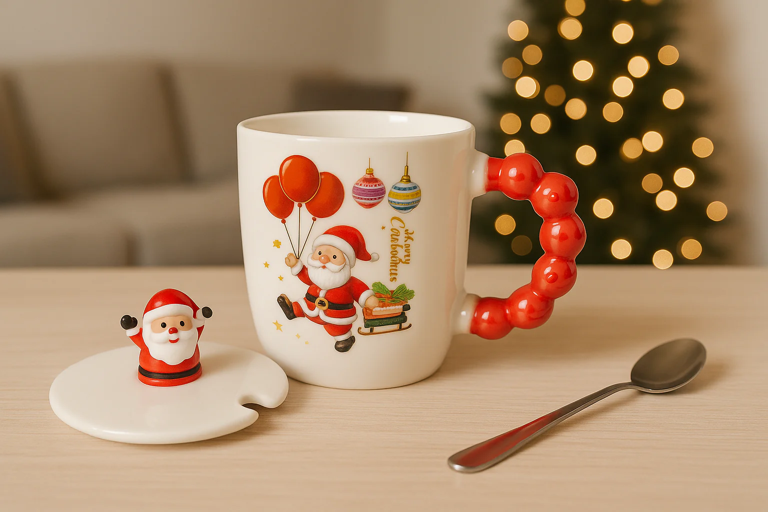 Christmas Ceramic Mug with Lid & Spoon | 350 ML Santa Mug with Red Handle | Merry Christmas Gift Cup for Coffee - Image 16