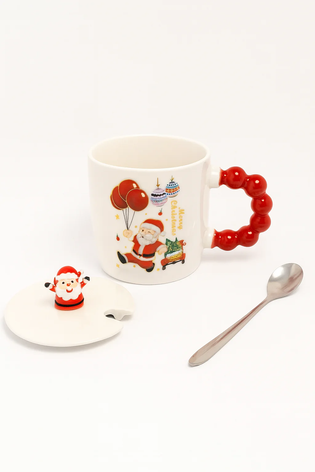 Christmas Ceramic Mug with Lid & Spoon | 350 ML Santa Mug with Red Handle | Merry Christmas Gift Cup for Coffee - Image 19