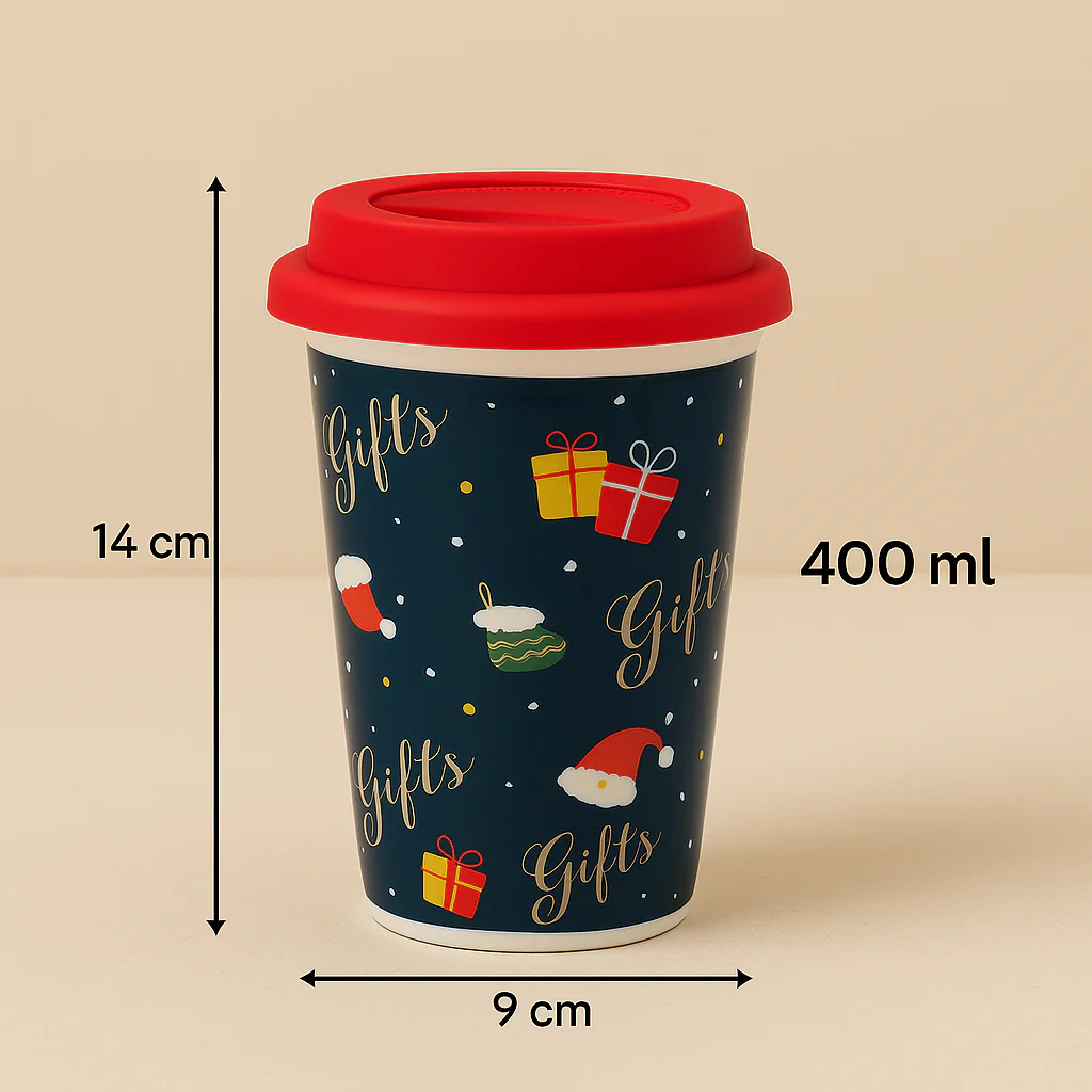 Christmas Ceramic Mug with Red Silicone Lid – 400 ml Coffee & Tea Cup - Image 3