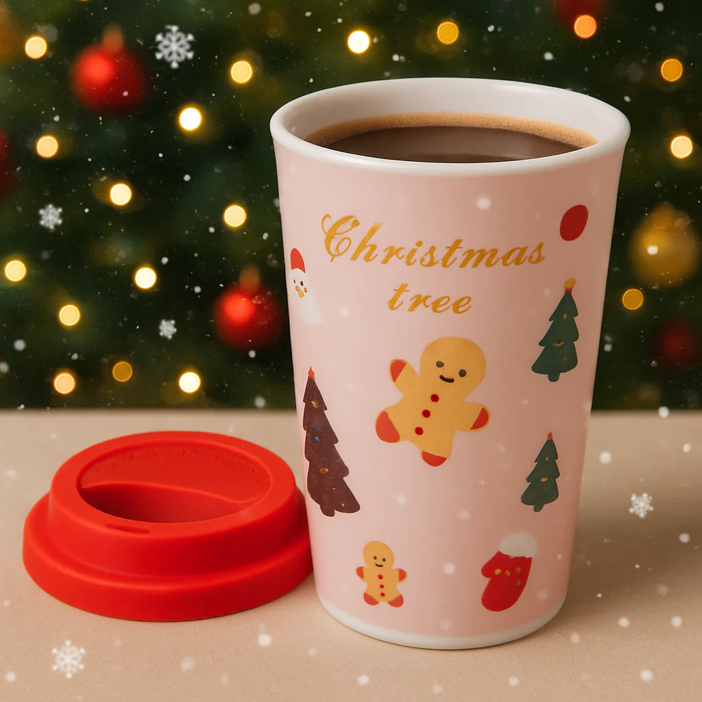 Christmas Ceramic Mug with Red Silicone Lid – 400 ml Coffee & Tea Cup - Image 5