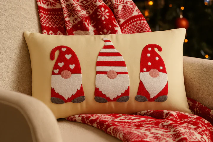 Christmas Gnome Embroidered set of 2 Cushion with Fillers – Cotton, Hand Thread-Work Design – - Image 3