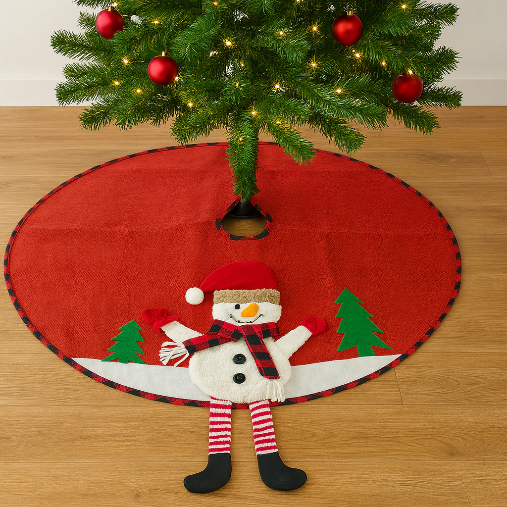 Christmas Tree Skirt, 120 cm Diameter – Red Cotton-Linen with Snowman - Image 2