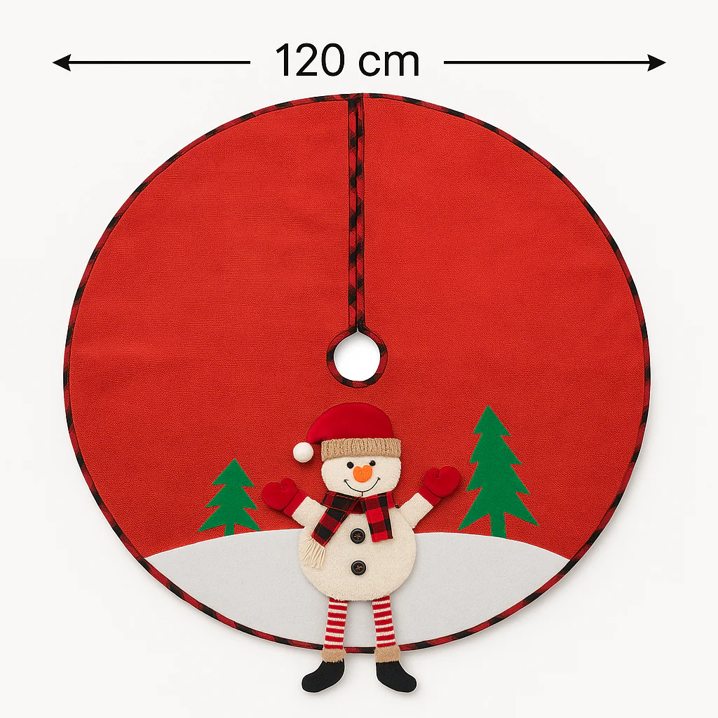 Christmas Tree Skirt, 120 cm Diameter – Red Cotton-Linen with Snowman - Image 3