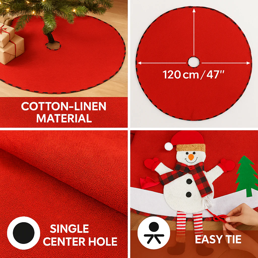 Christmas Tree Skirt, 120 cm Diameter – Red Cotton-Linen with Snowman - Image 4