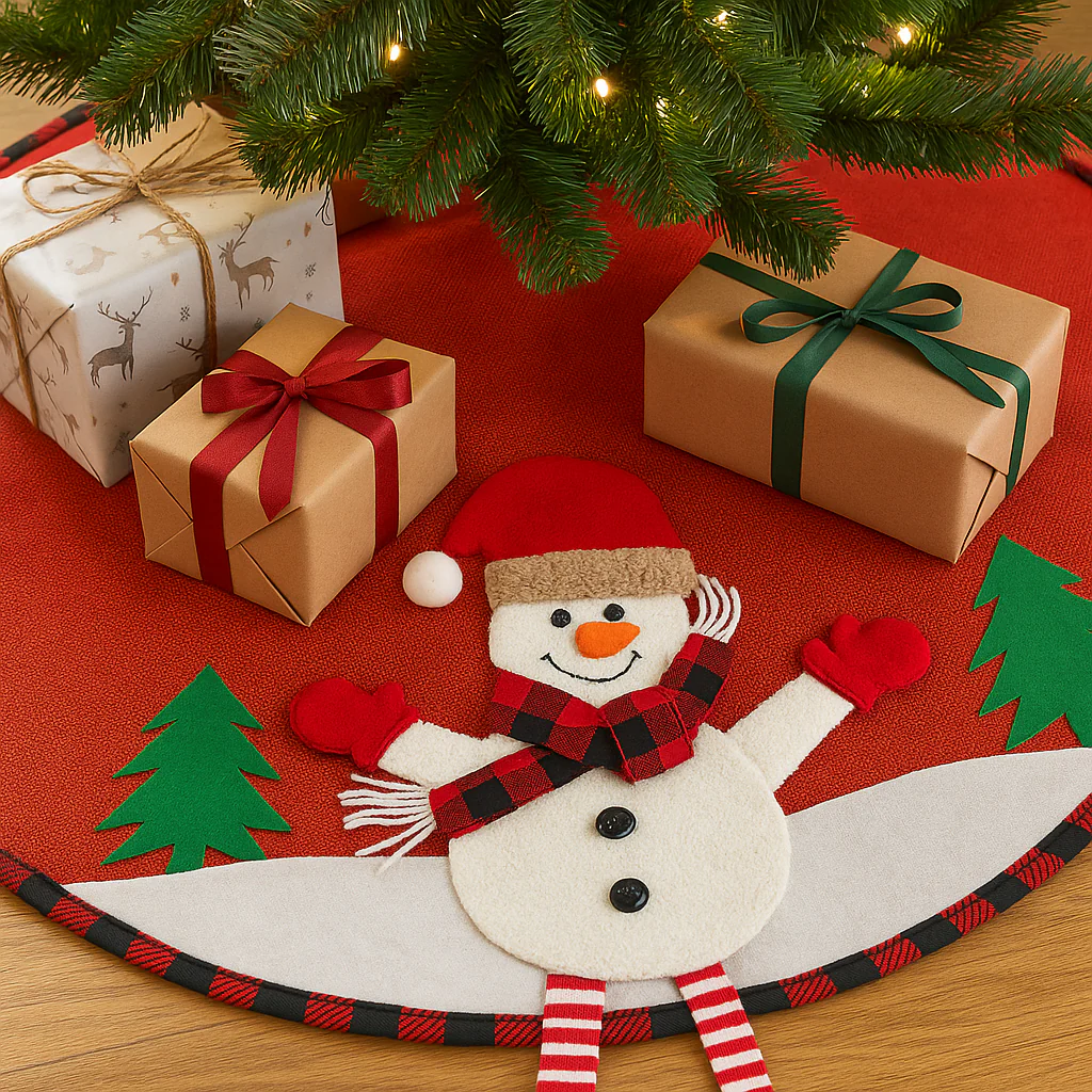 Christmas Tree Skirt, 120 cm Diameter – Red Cotton-Linen with Snowman - Image 7