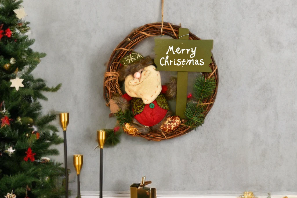 Christmas Wreath Pendant - 35CM Santa Claus Snowman Deer Wood Rattan Ring Xmas Hanging Decor - Image 15