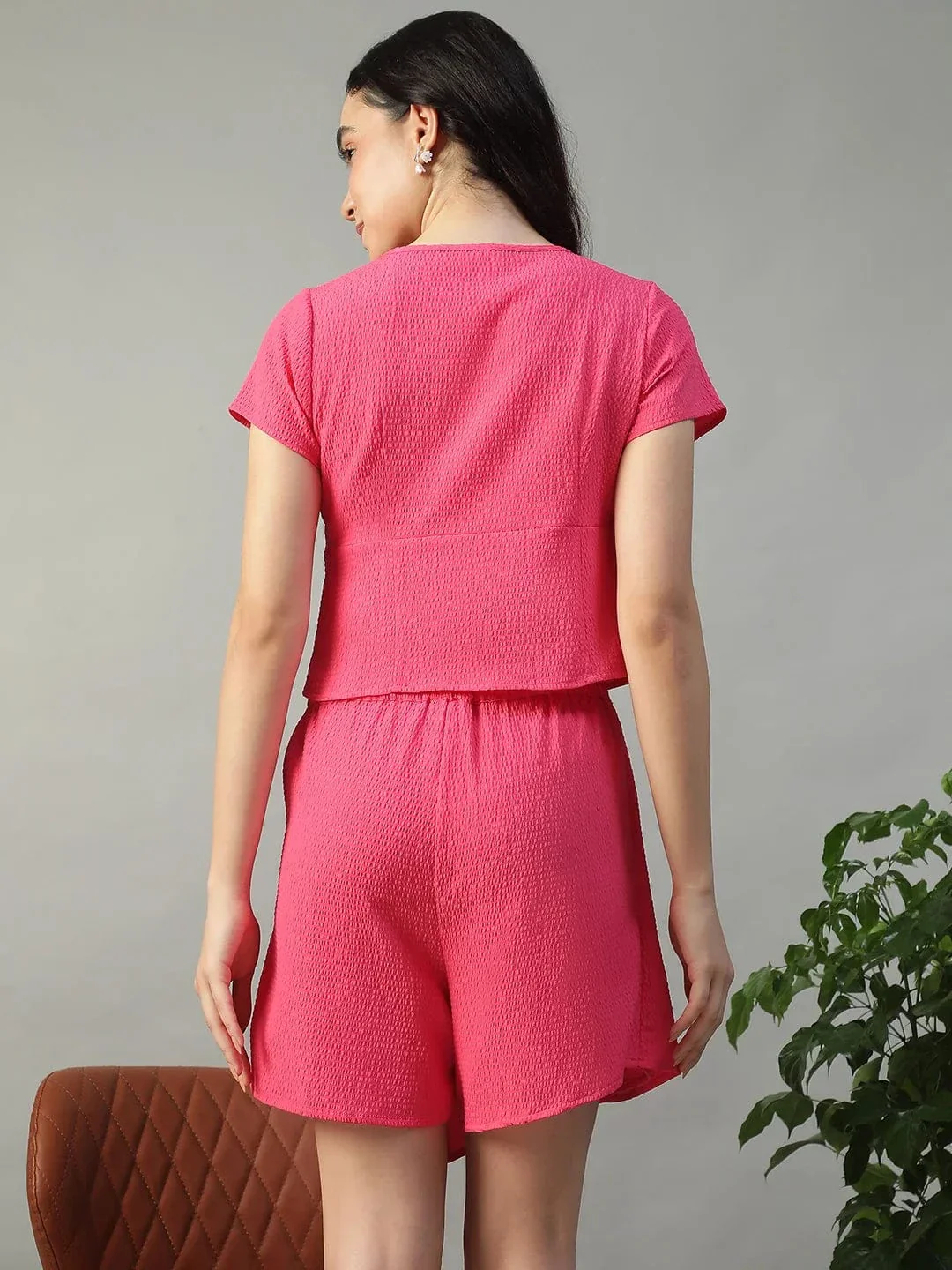 Chunky Solid Pink Top & Flap Skort Seersucker Dobby Women Co-ord Set - Image 6
