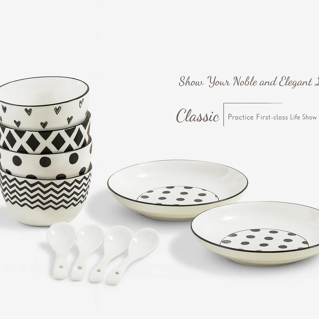 Classic Black & White Ceramic Soup Bowl Set – 4 Bowls, 2 Large Serving Bowls & 4 Soup Spoons - Image 3