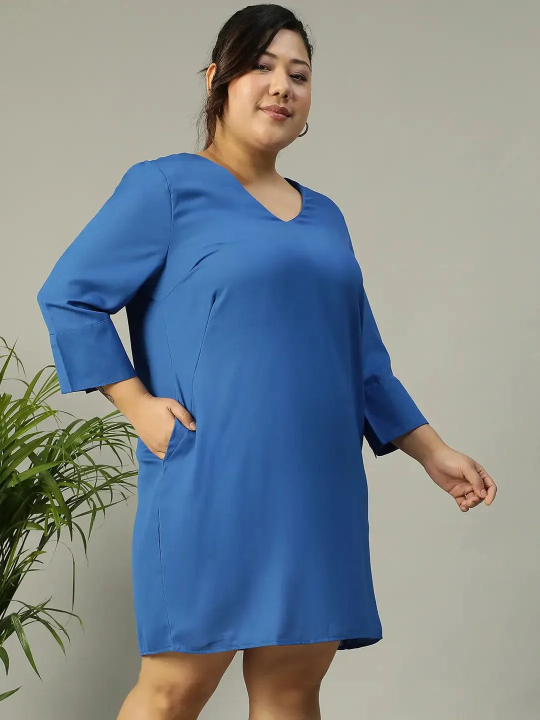 Classic Blue V-Neck Short Sleeve Plus Size Women Dress - Image 4
