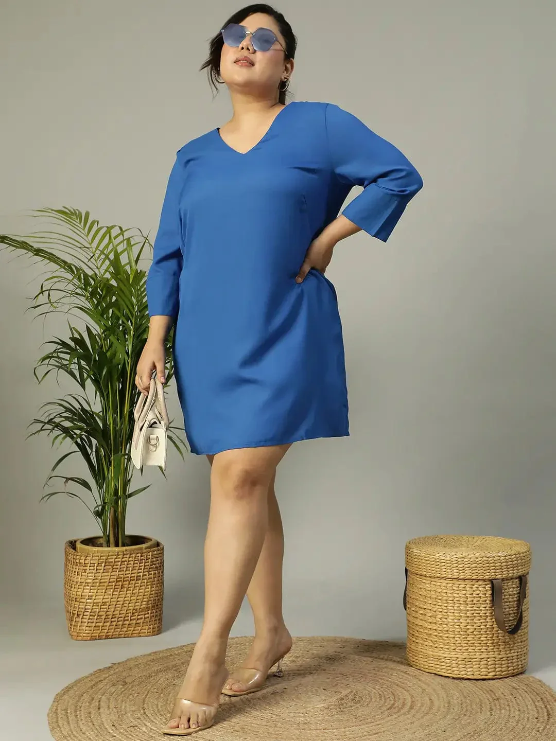 Classic Blue V-Neck Short Sleeve Plus Size Women Dress - Image 8