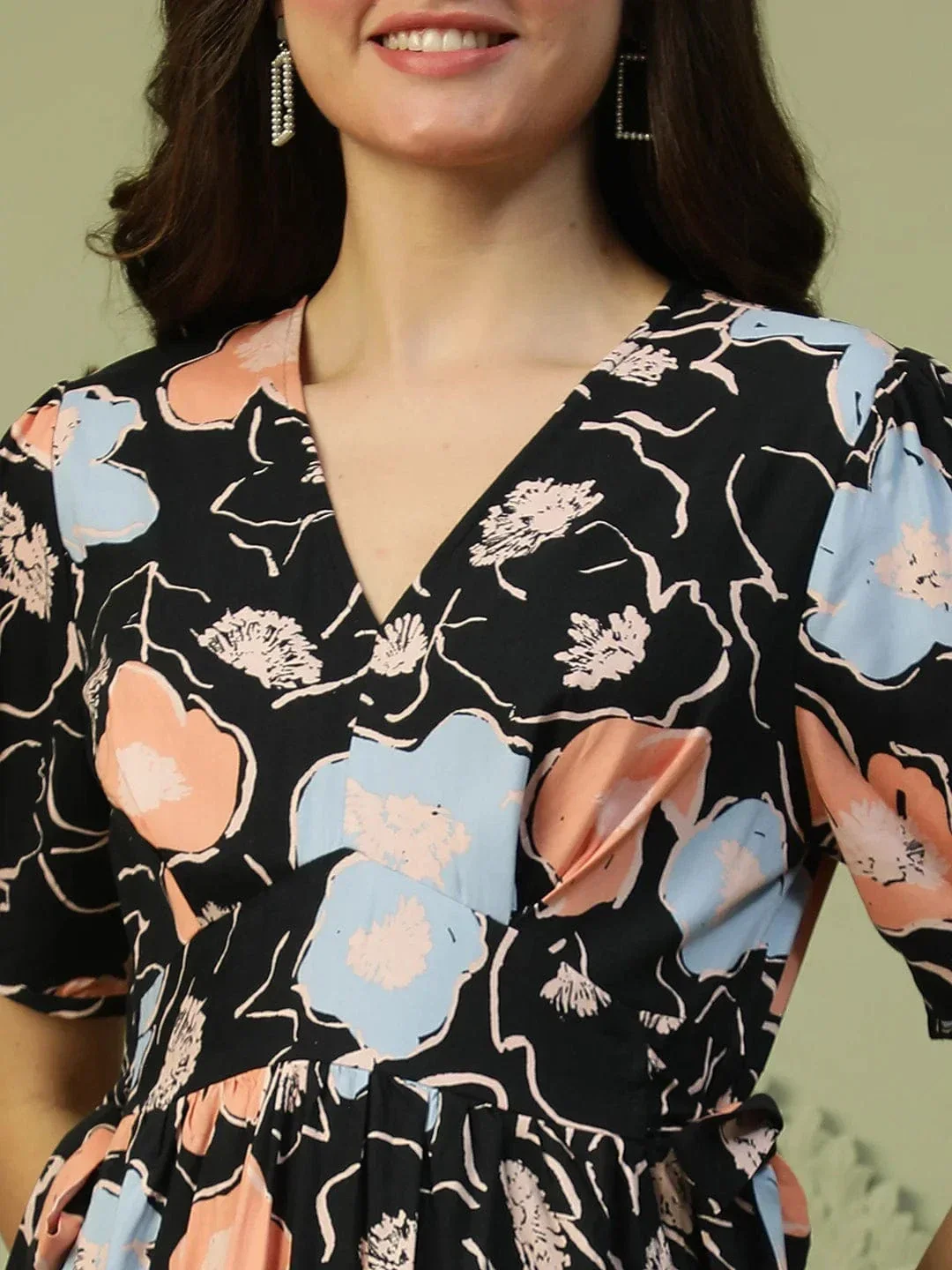 Classy Black Floral Print Elasticated Waist With Side Tie-Up Detail Women Dress - Image 6