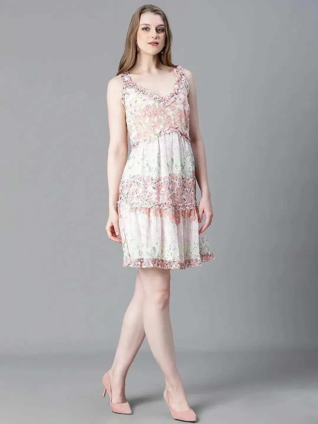 Classy Floral Print Sleeveless Short Flare Women Dress - Image 2