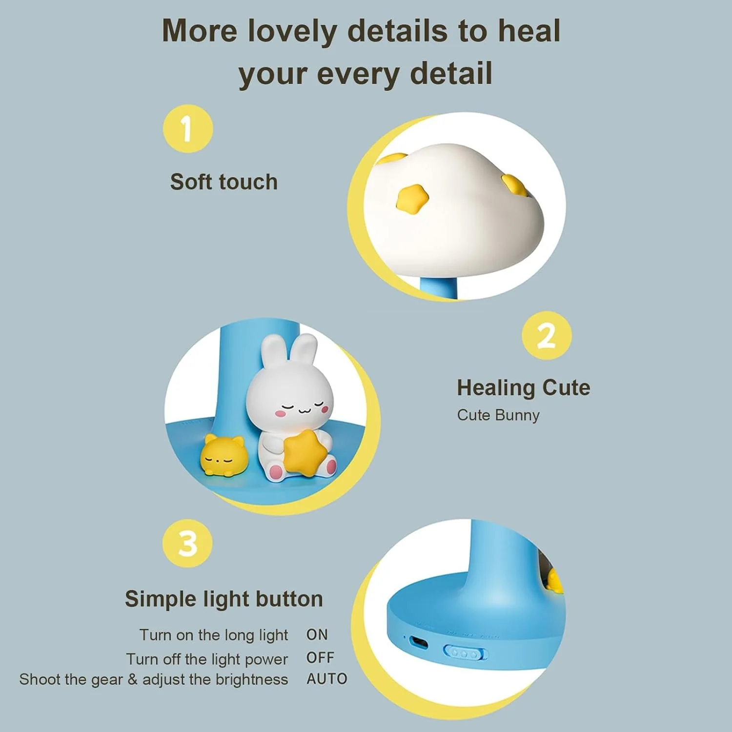 CloudBun: Bunny-Shaped Cloud Night Lamp with Tap Control – Soft Silicone Glow Light for Kids’ Bedrooms & Baby Nursery (3-Level Dimming, Rechargeable) - Image 4