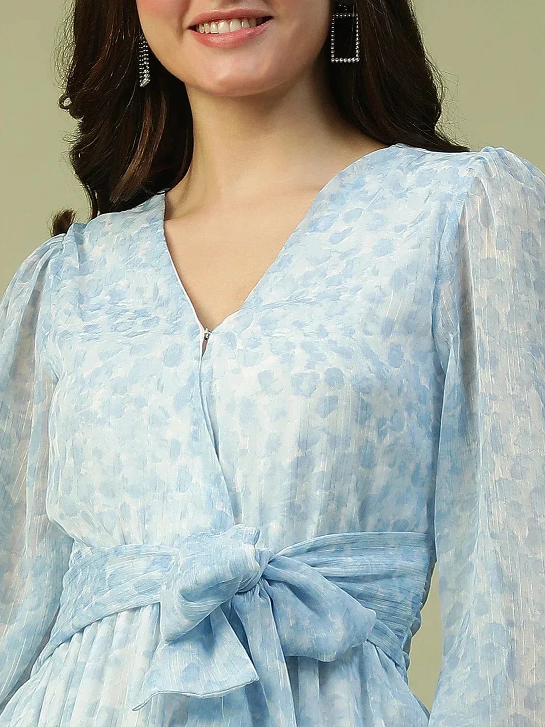 Cloudy Blue Tie-Up Belt Detailed Women Wrap Dress - Image 6