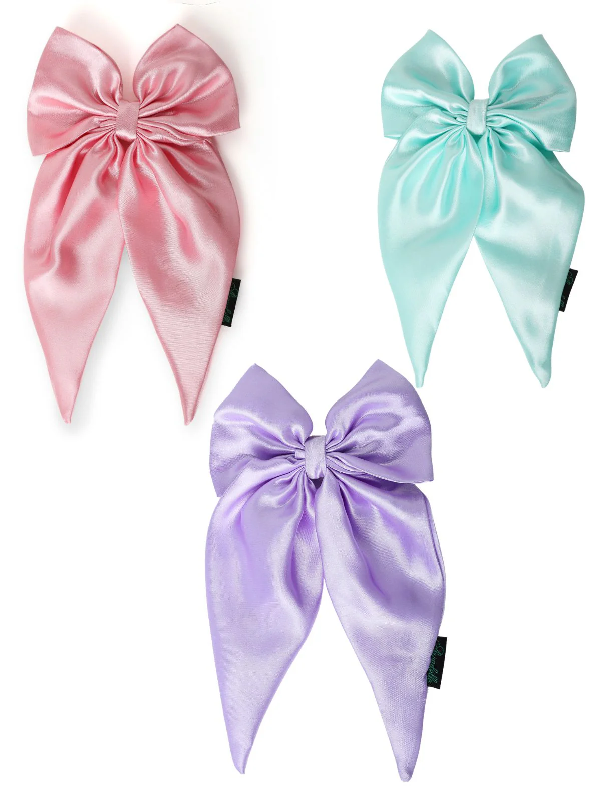 Combo of 3 Satin Long Tail Hair Bows in Pink, Lilac and Mint - Image 2