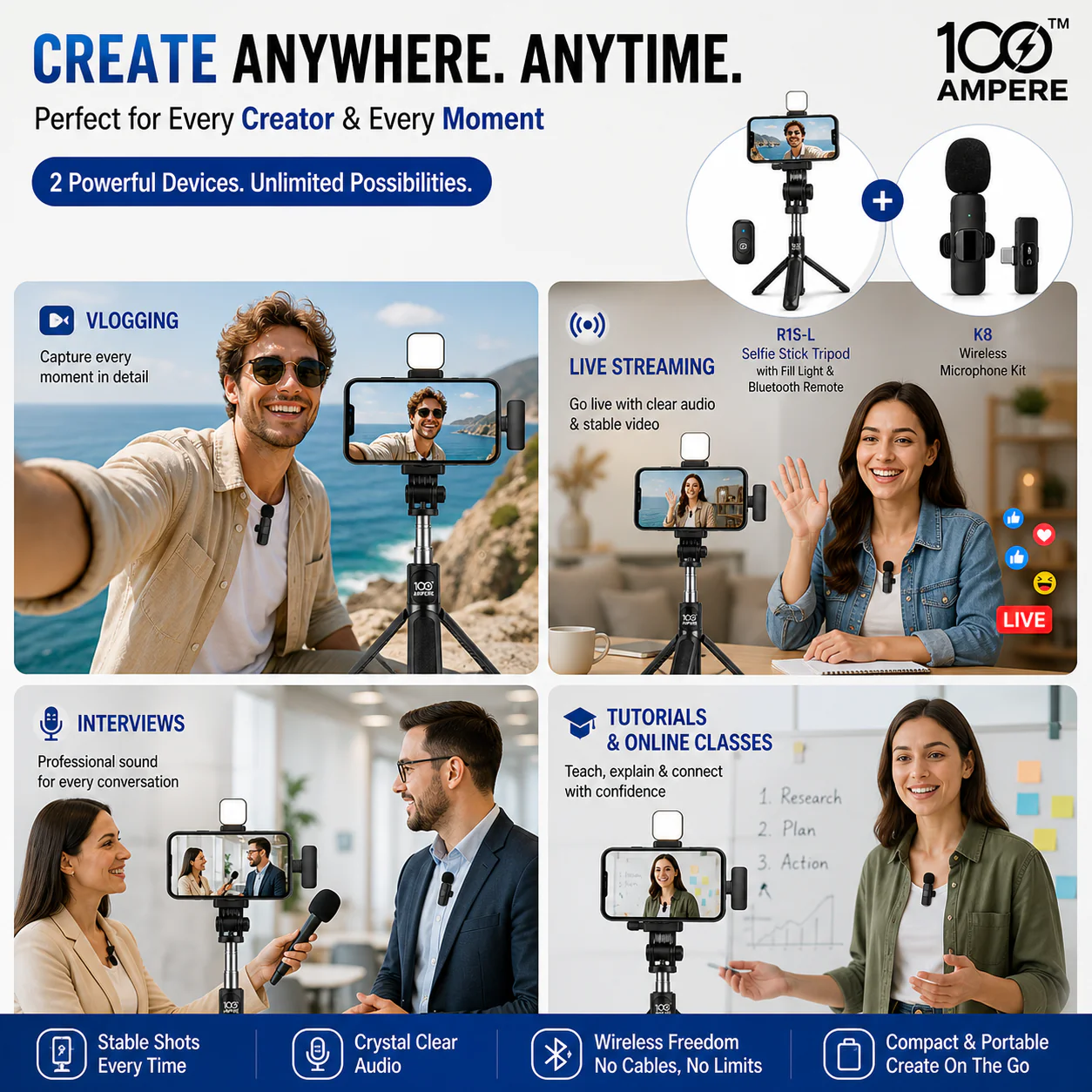 Content Creator Combo Kit - Selfie Tripod + Wireless Mic - Image 2