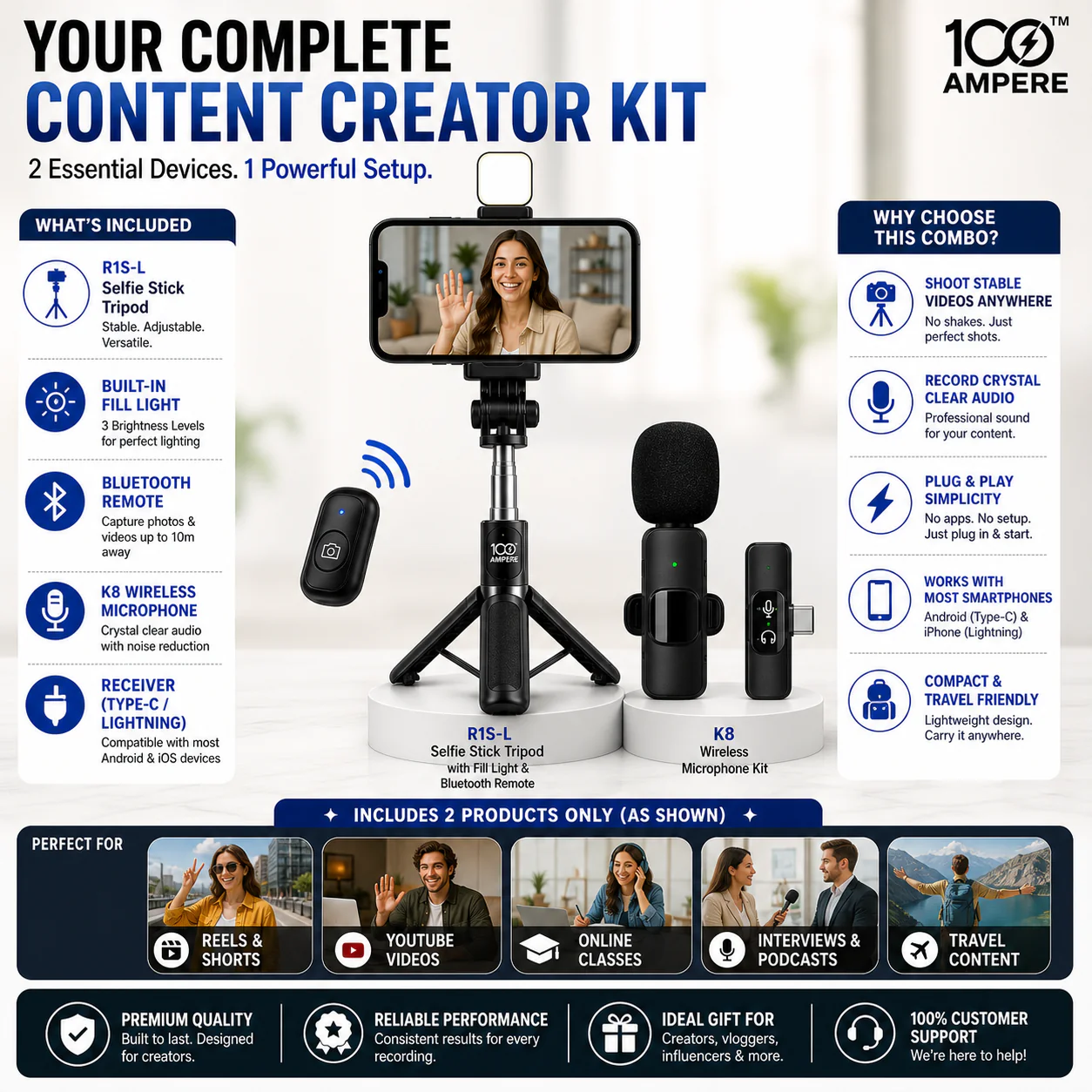 Content Creator Combo Kit - Selfie Tripod + Wireless Mic - Image 4