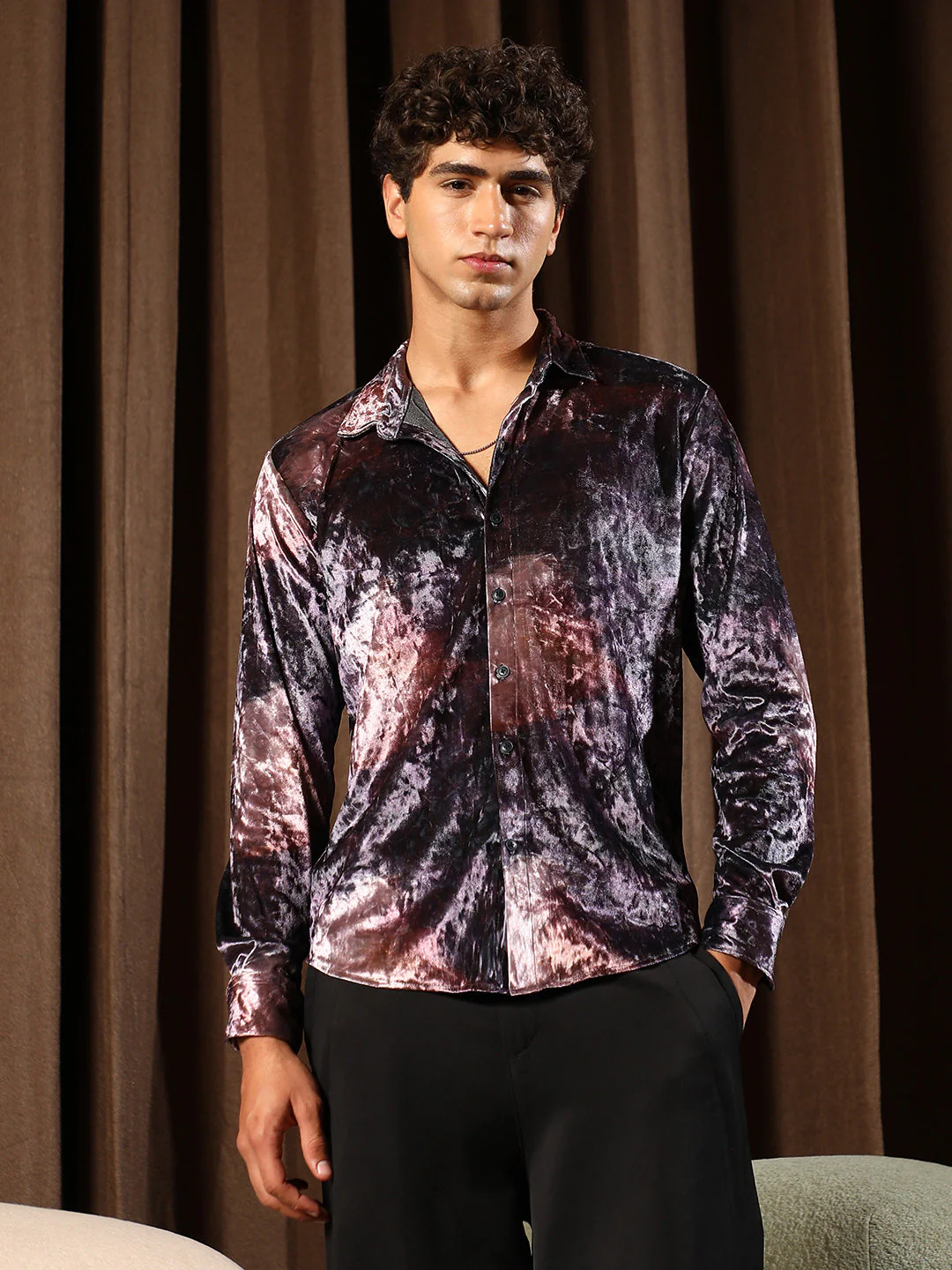 Contrast-Blur Imprint Velvet Shirt - Image 2