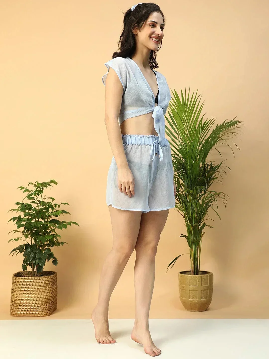 Cool Blue Tie-Knot Top With Elasticated Shorts Women Beachwear Co-Ord Set - Image 3