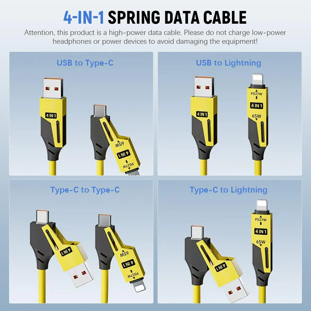 Coolio: 4-in-1 Coiled Fast Charging Cable with USB-A, Type-C & Lightning Connectors – 65W Spring Design for Travel, Car & Multi-Device Use - Image 2