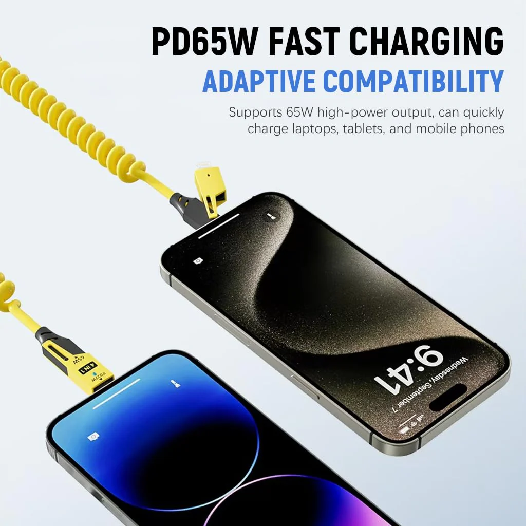 Coolio: 4-in-1 Coiled Fast Charging Cable with USB-A, Type-C & Lightning Connectors – 65W Spring Design for Travel, Car & Multi-Device Use - Image 3