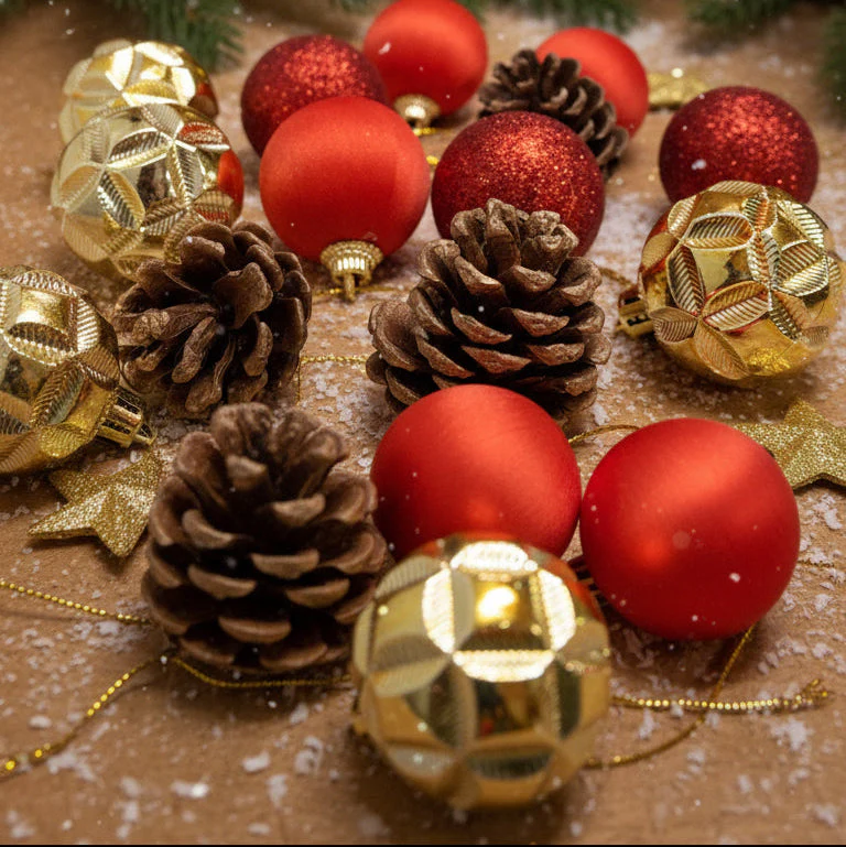 Coral Tree 12-Piece Hanging Christmas Ornament Set – 4 Style Mix of Red, Gold & Pinecones - Image 3