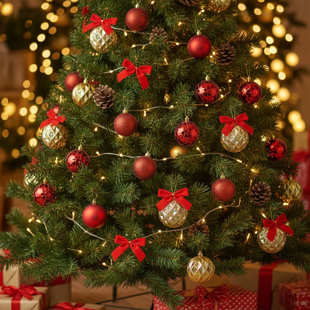 Coral Tree 12-Piece Hanging Christmas Ornament Set – 4 Style Mix of Red, Gold & Pinecones - Image 4