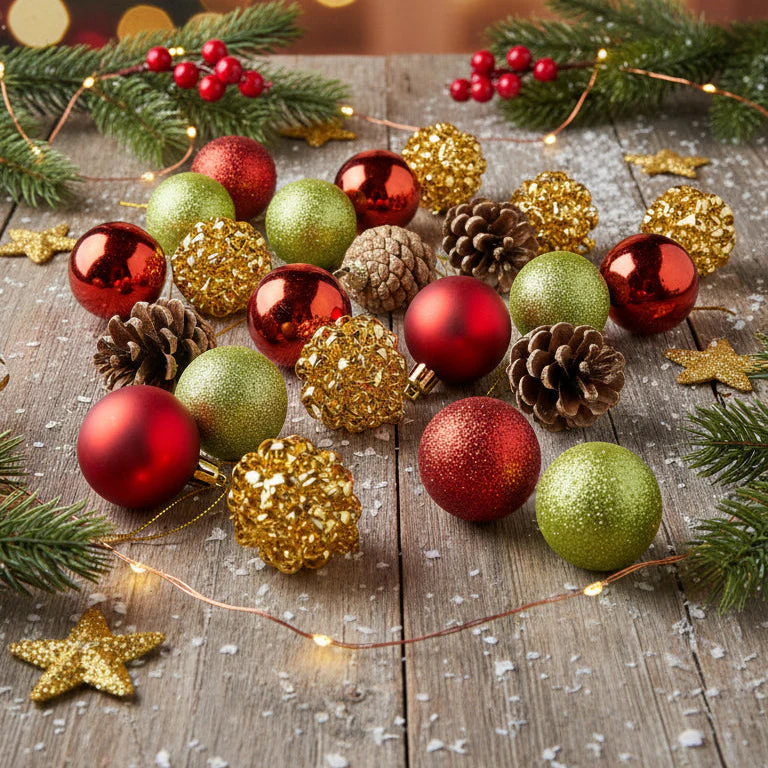 Coral Tree 15-Piece Christmas Hanging Ornament Set – 5 Style Mix of Red, Green, Copper, Gold & Pinecones - Image 3