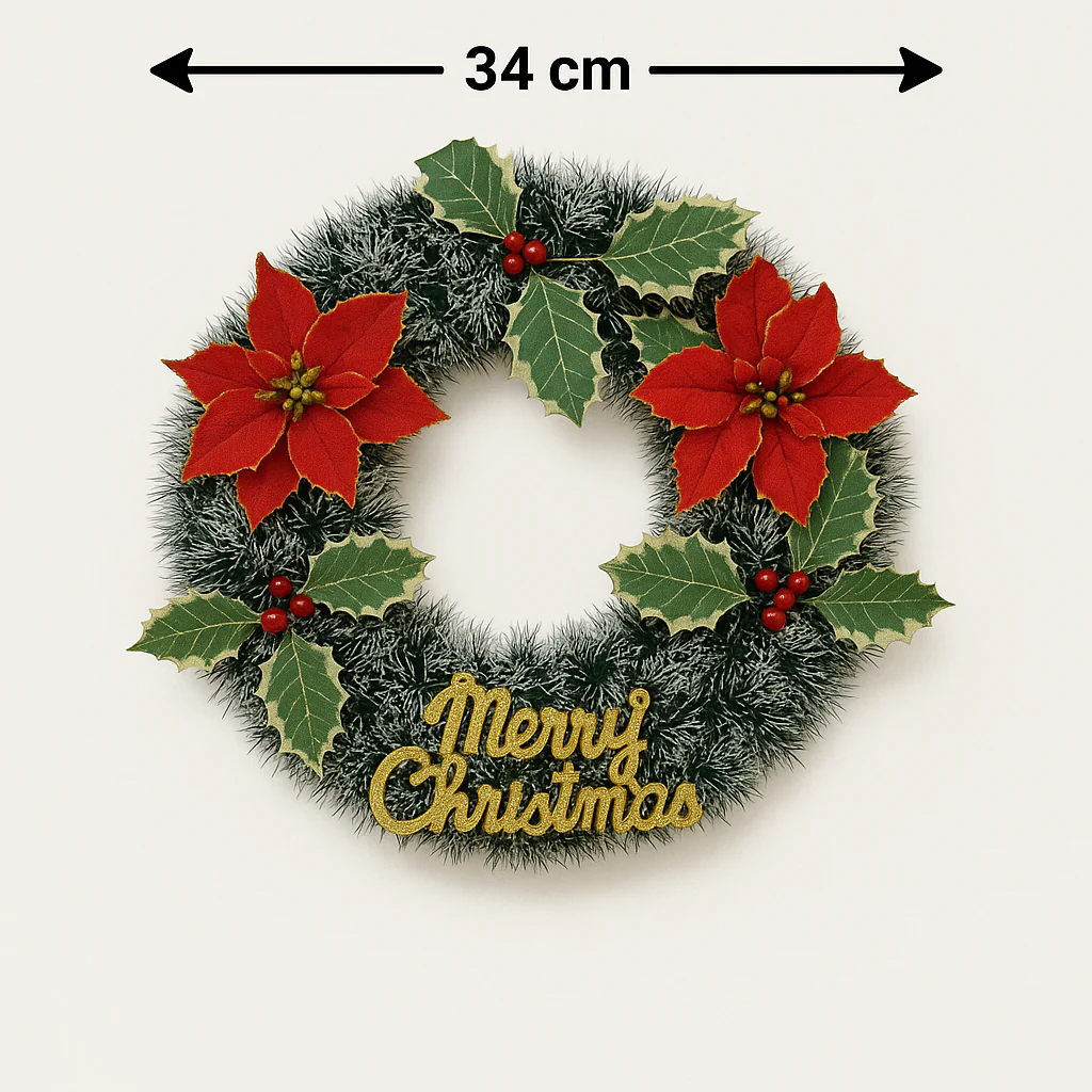 Coral Tree 34 cm Poinsettia Christmas Wreath – Red, Green & Gold Festive Door Décor - Image 5