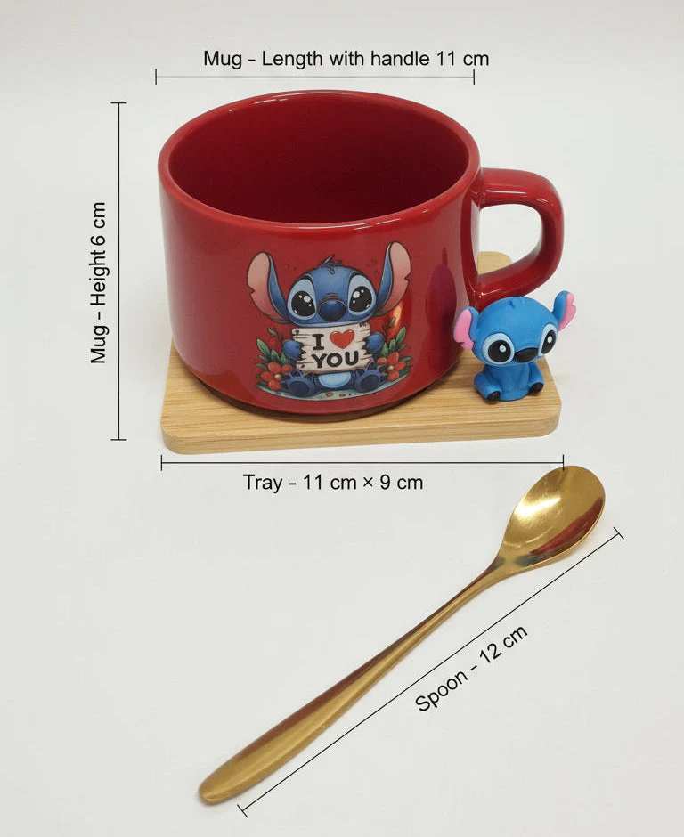 Coral Tree Cute Stitch Ceramic Mug with Wooden Tray & Gold Spoon – 1 Pc Gift Set - Image 13