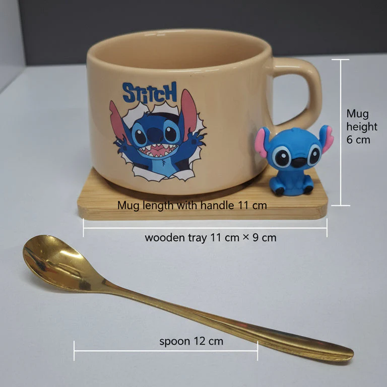 Coral Tree Cute Stitch Ceramic Mug with Wooden Tray & Gold Spoon – 1 Pc Gift Set - Image 4