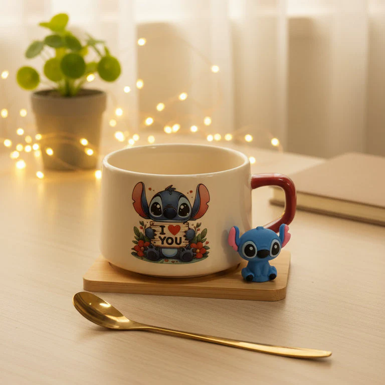 Coral Tree Cute Stitch Ceramic Mug with Wooden Tray & Gold Spoon – 1 Pc Gift Set - Image 5