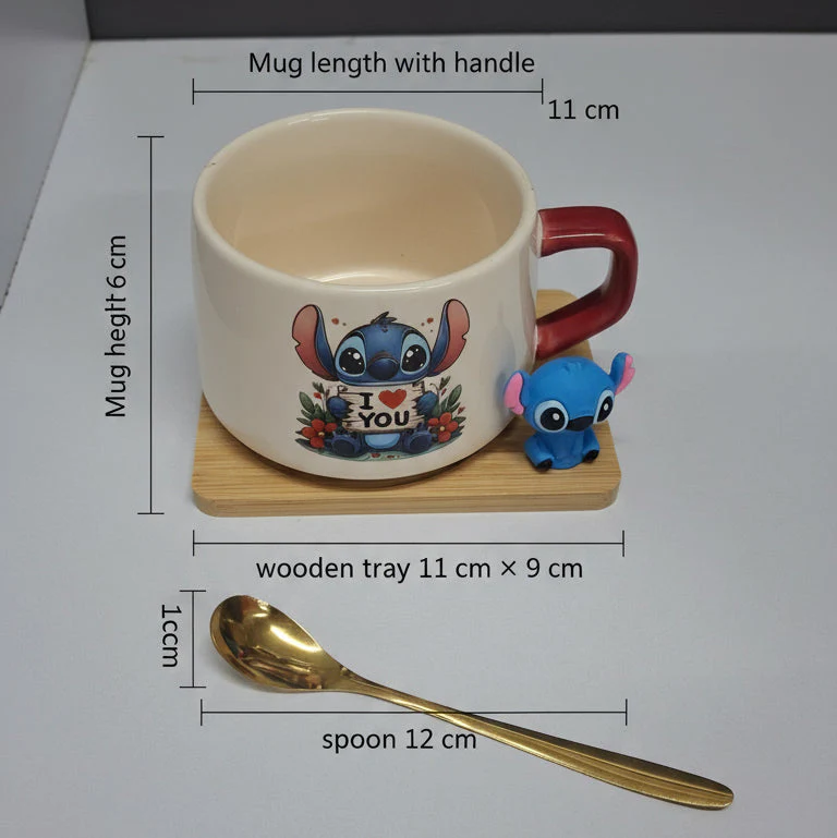 Coral Tree Cute Stitch Ceramic Mug with Wooden Tray & Gold Spoon – 1 Pc Gift Set - Image 9