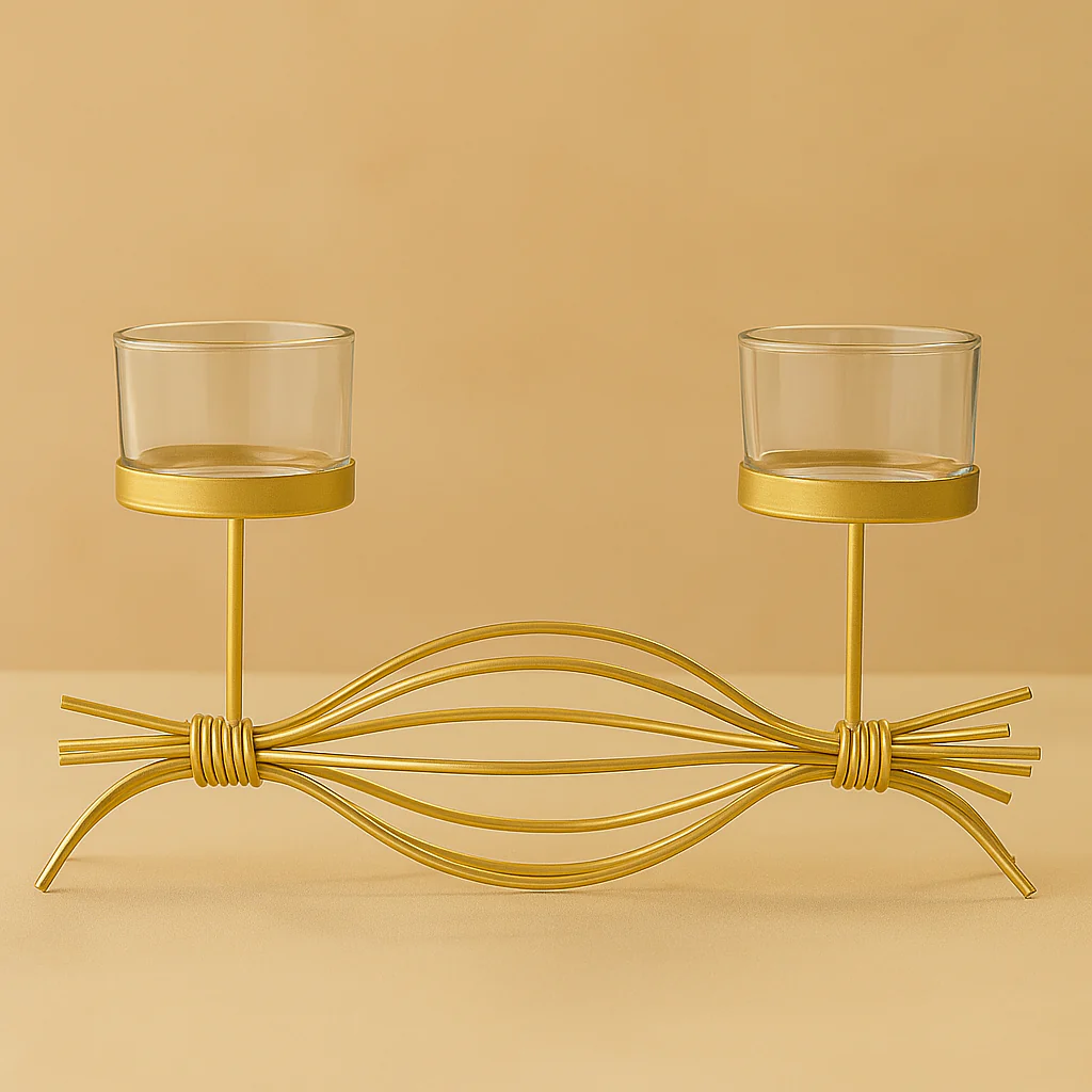 Coral Tree Golden Double T-Light Candle Holder with Glass Cups – Elegant Metal Candle Stand for Home Décor, Puja & Festive Lighting - Image 3