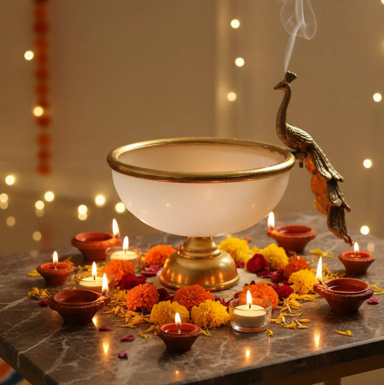 Coral Tree Golden Peacock Metal & Glass Urli Bowl – Festive Diwali Décor - Image 3