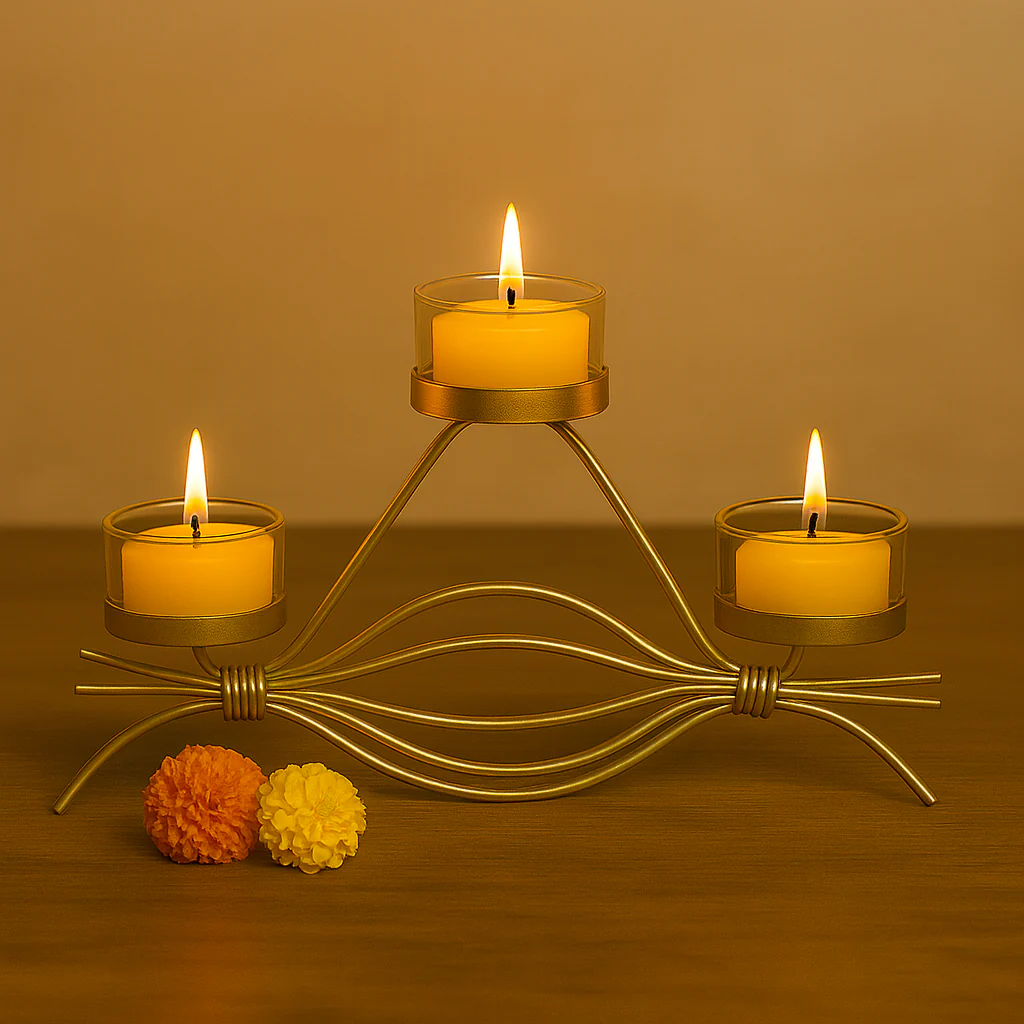 Coral Tree Golden Triple T-Light Candle Holder with Glass Cups – Elegant Metal Candle Stand for Home, Festive & Gifting - Image 2