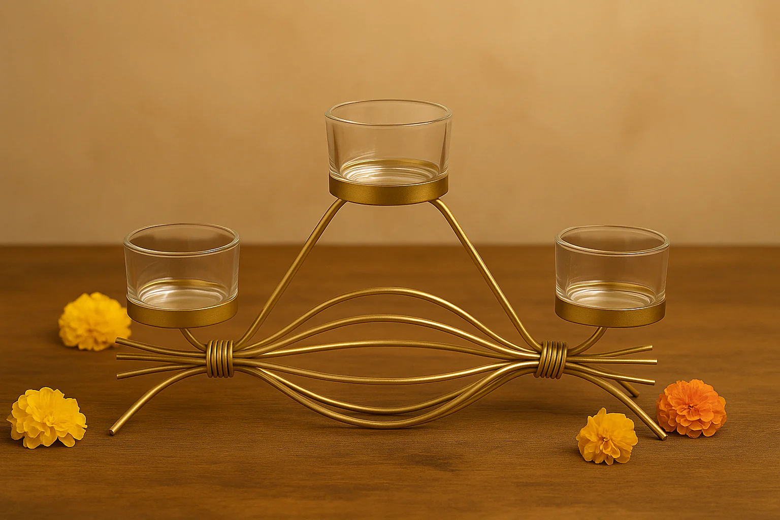 Coral Tree Golden Triple T-Light Candle Holder with Glass Cups – Elegant Metal Candle Stand for Home, Festive & Gifting - Image 4