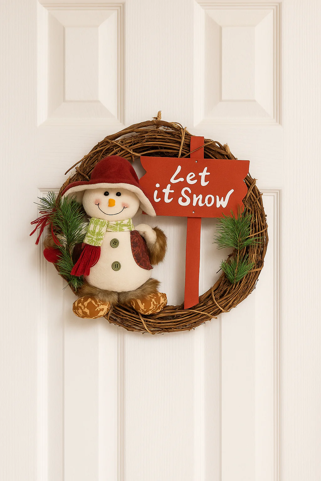 Coral Tree “Let It Snow” Christmas Wreath with Adorable Snowman Handmade Natural Wooden Ring with plush snowman