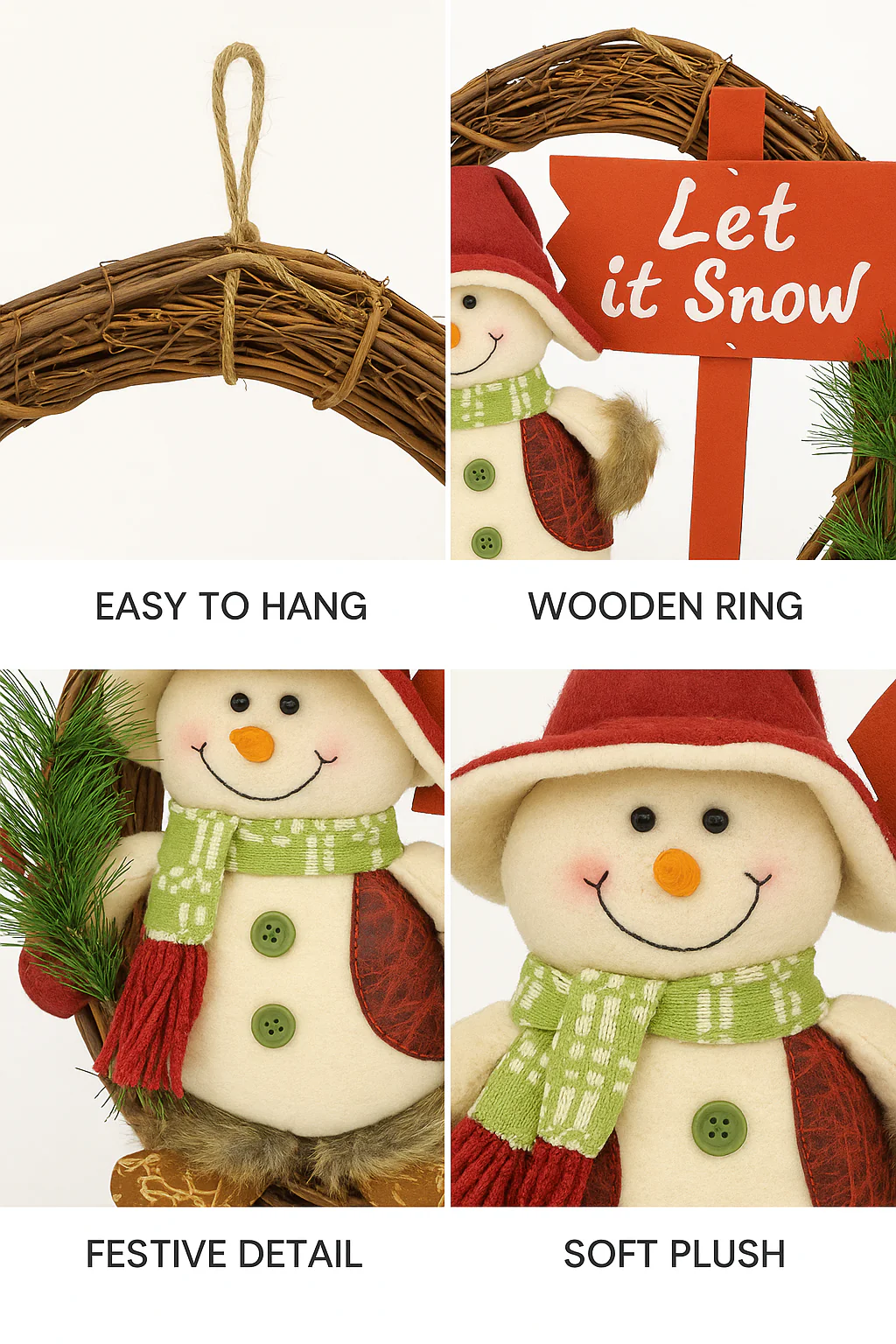 Coral Tree “Let It Snow” Christmas Wreath with Adorable Snowman Handmade Natural Wooden Ring with plush snowman - Image 4