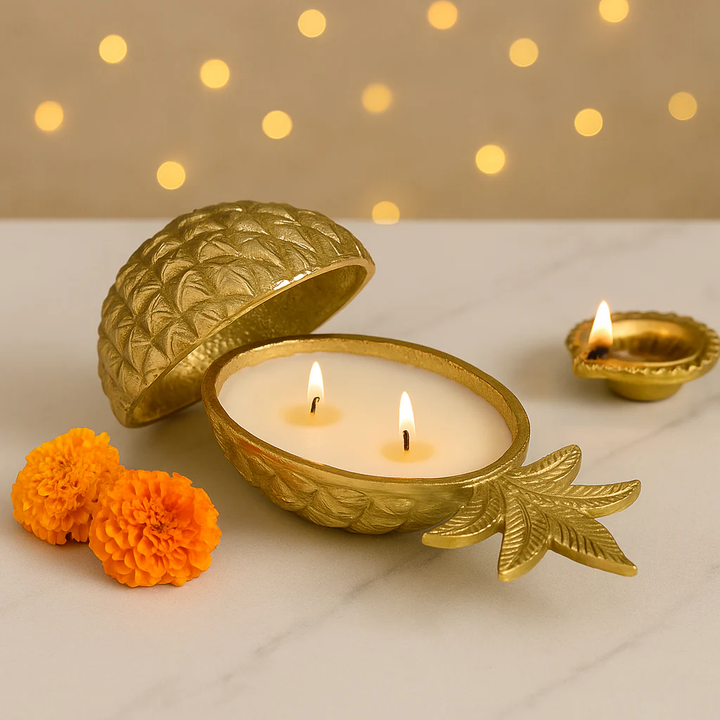 Coral Tree Pineapple Shaped Decorative Candle Holder with Lid – Gold Finish, 2-Wick Wax Candl - Image 3