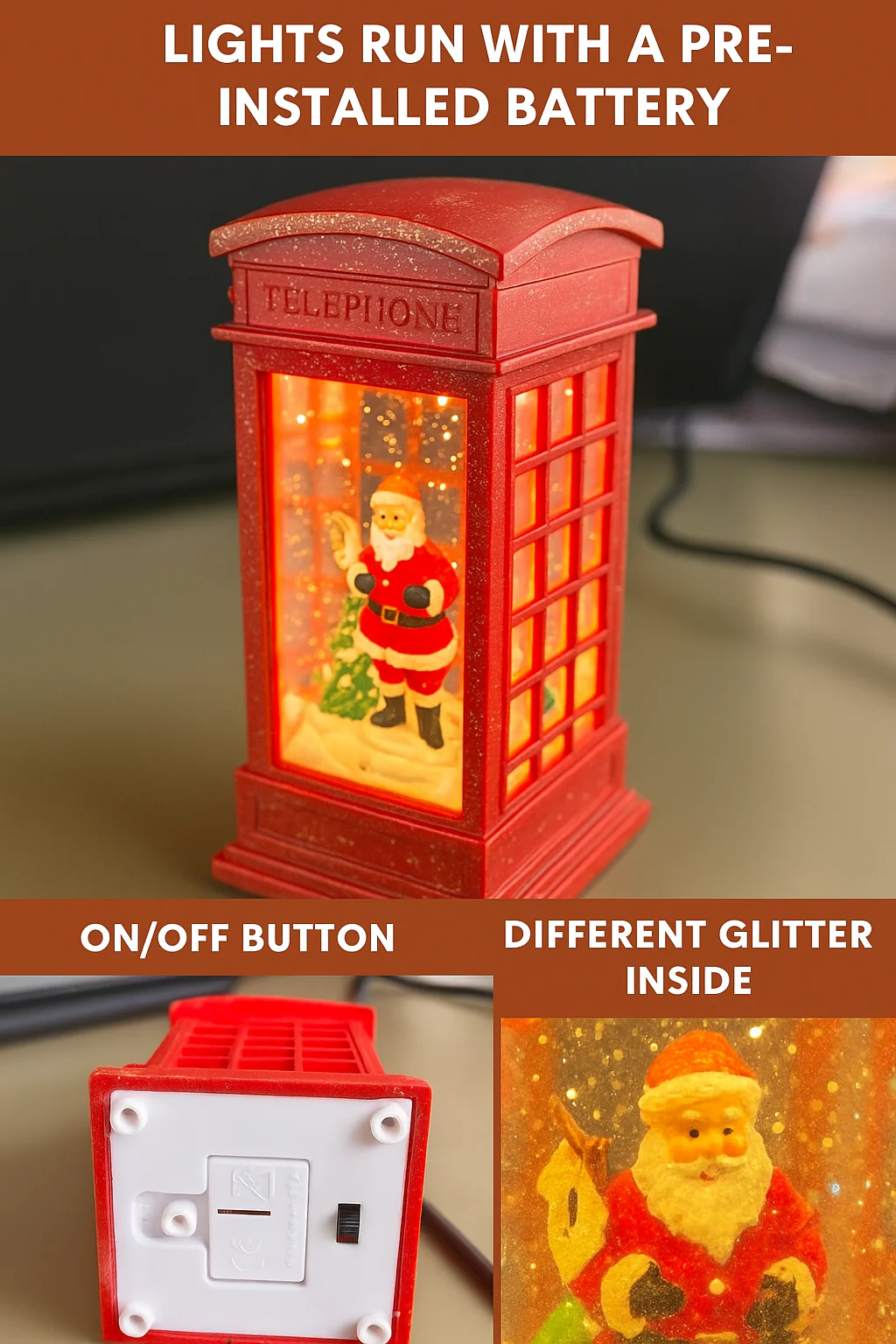 Coral Tree Red Santa Telephone Booth Christmas Night Lamp – Glitter Light Decoration with LED Glow & Pre-Installed Battery - Image 6