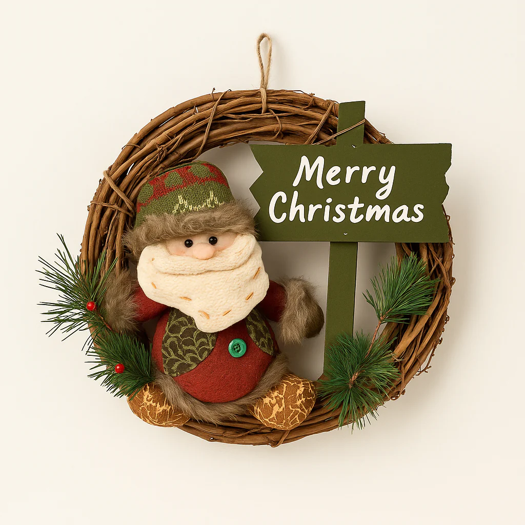Coral Tree Rustic “Merry Christmas” Wreath with Santa Figurine – 38 cm Vine Ring with Wooden Sign & Pine Accents for Door and Wall Decoration - Image 2