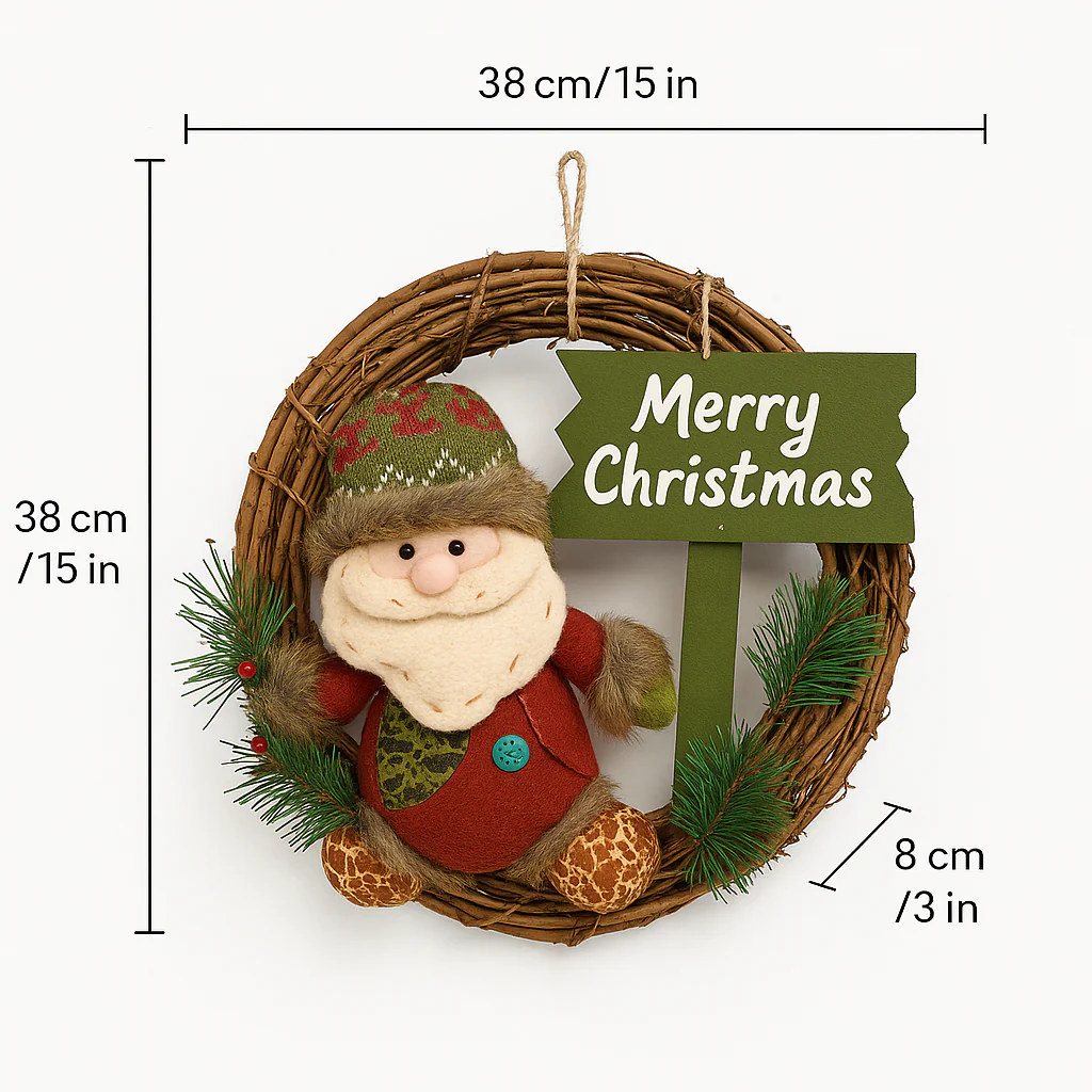Coral Tree Rustic “Merry Christmas” Wreath with Santa Figurine – 38 cm Vine Ring with Wooden Sign & Pine Accents for Door and Wall Decoration - Image 3